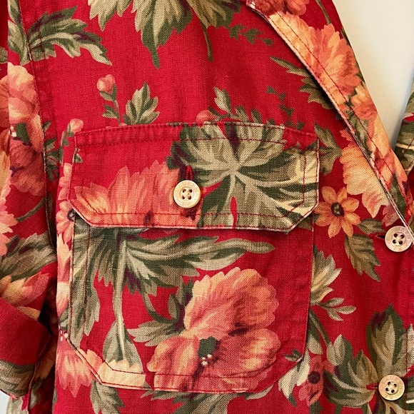 LRL Linen Floral Button Down Camp Shirt Women’s Medium Cottagecore Red Green - Picture 10 of 16